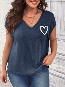 SHEIN LUNE Plus Size Heart Printed Casual T-Shirt For Summer - Navy Blue - View 1