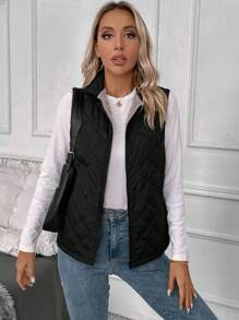SHEIN LUNE Women's Quilted Stand Collar Sleeveless Jacket - Black - View 3