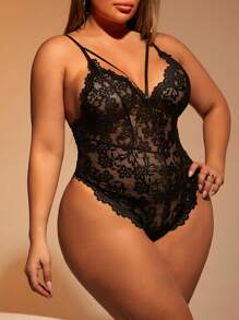 SHEIN SXY Plus Size Open Back Perspective Lace Spaghetti Strap Bodysuit - Black - View 5