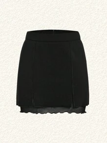 SHEIN EZwear Women's Mesh Splice High Slit Bodycon Skirt - Black - View 3