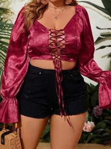 SHEIN LUNE Plus Size Strap Tie Front Floral Jacquard Bell Sleeve Satin Blouse