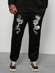 Manfinity LEGND Pantalones Deportivos Sueltos Con Estampado De Dragón De Talla Grande Para Hombre - Negro - Ver 1