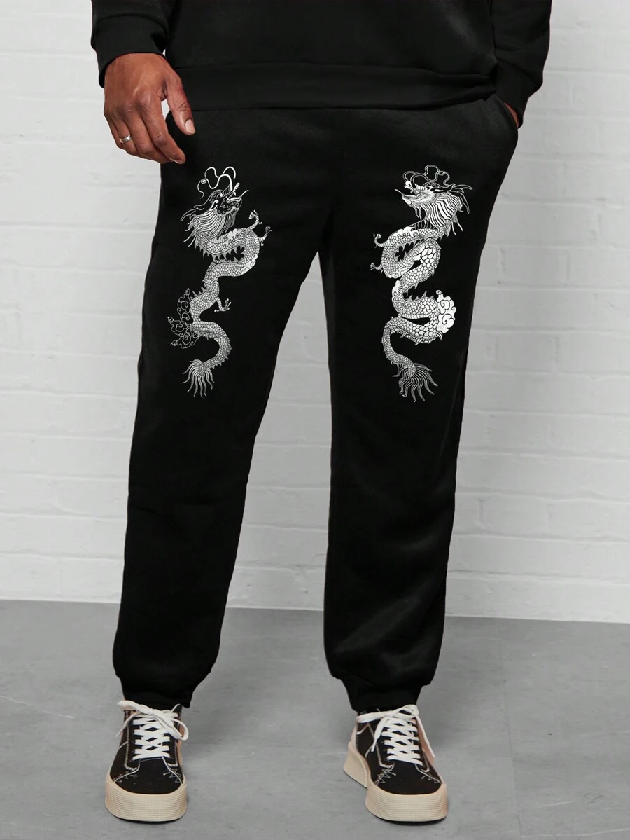 Manfinity LEGND Pantalones Deportivos Sueltos Con Estampado De Dragón De Talla Grande Para Hombre - Negro - Ver 1