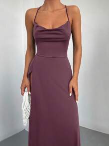 EURMUSE Draped Front Split Thigh Criss Cross Back Cami Dress - Purple - View 4