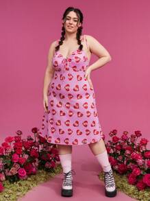 TOM & JERRY X SHEIN Plus Size Women's Heart Print Cami Sleep Dress - Pink - View 7