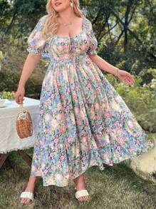 Sunnyshic Plus Size Floral Pattern Front Tie Puff Sleeve Dress Maxi Women Outfit - Multicolor - View 3