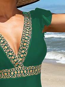 SHEIN Swim Đồ bơi một mảnh tay lửng in hoa cho nữ Carnival Summer - Màu xanh lá cây đậm - Xem 4