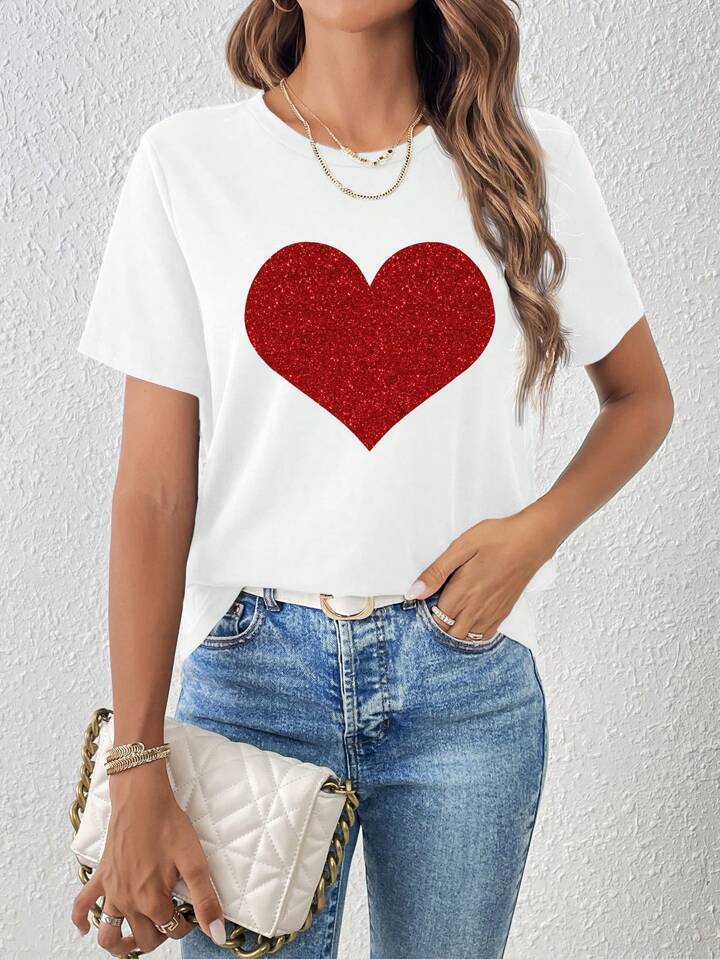 SHEIN LUNE Women's Casual Heart Pattern Basic Short Sleeve T