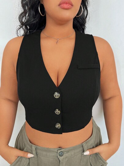 SHEIN EZwear Black Knitted Plus Size Women's Vest Waistcoat