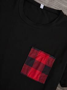 SHEIN Plus Size Patchwork Pocket Top, Plaid Shorts & Pants, Pajama 3pcs Set, Outfits,Christmas - Black - View 4