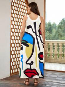 SHEIN LUNE Plus Size Abstract Figure Print And Hollow Out Detail Halterneck Dress,Valentine Day For Summer