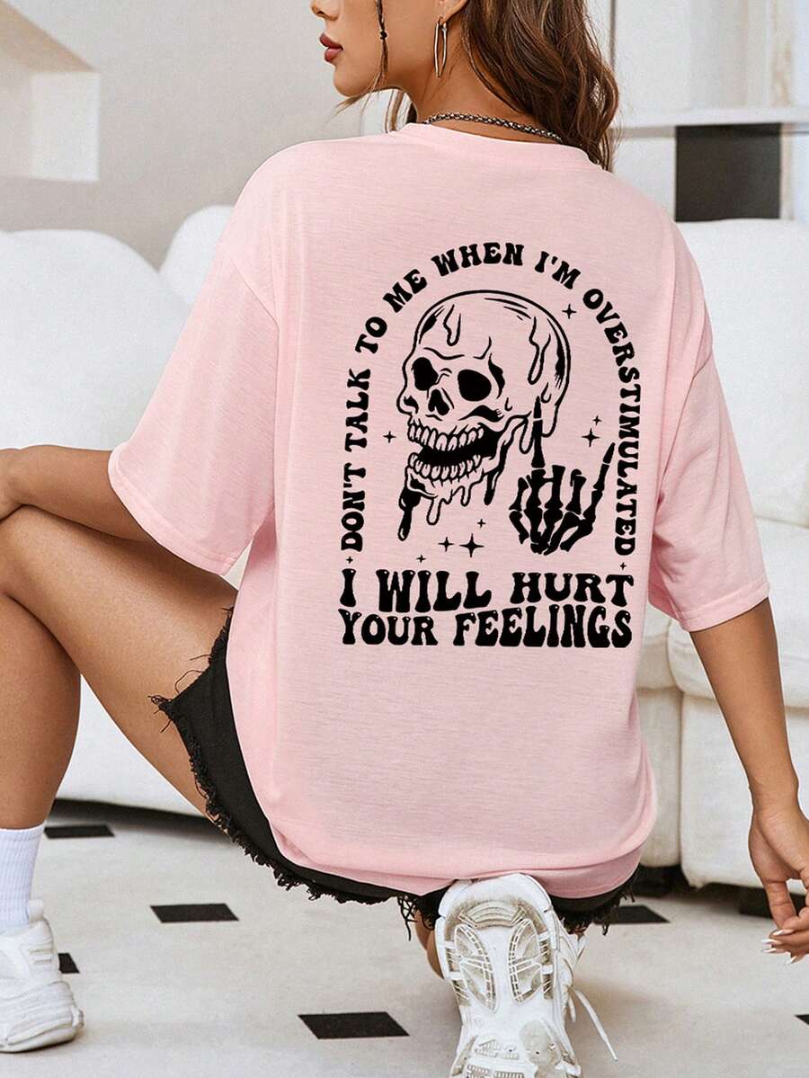 SHEIN EZwear 女性口號骷髏印花t卹 - 淺粉色 - 查看 1