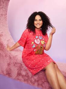 SCOOBY-DOO X SHEIN Plus Size Cartoon Heart Printed Sleep Dress - Pink - View 4