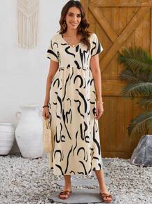 EMERY ROSE Vestido Largo Acampanado Casual De Mujer Para Primavera Con Cuello En V, Estampado Floral Y De Rayas