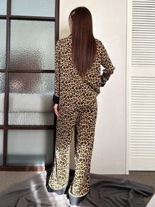 DAZY Color Block Leopard Print Edge Rolling Long-Sleeved Top And Pants Pajamas Set