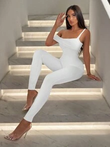 SHEIN SXY 情人节女士性感白色不对称领口单肩高弹高端优雅性感丝滑亲肤提臀紧身连体裤 - 白色 - 查看 1