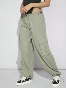 SHEIN EZwear Women's Solid Color Drawstring Cargo Pants - Army Green - View 3
