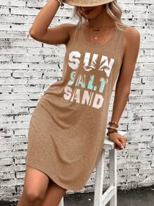 SHEIN LUNE 女士無袖棕櫚樹印花字母圖案坦克連衣裙 - 棕色 - 查看 4