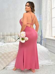 Vestido de noche largo y sin espalda, de unicolor y ajustado, de talla grande - Rosa - Ver 1
