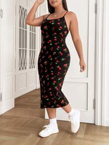 SHEIN CURVE+ Vestido De Tirantes Con Estampado De Cerezas Para Mujer De Talla Grande - Negro - Ver 3