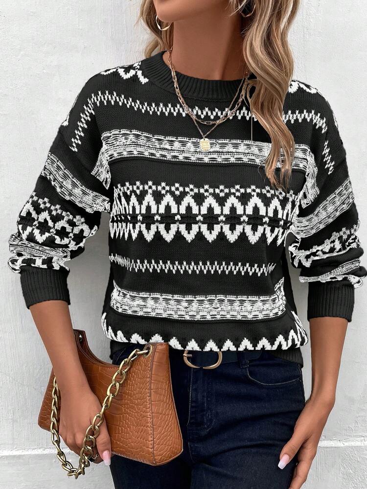 Multi-Color Geometric Pattern Drop Shoulder Knit Pullover Fall Winter Sweater
