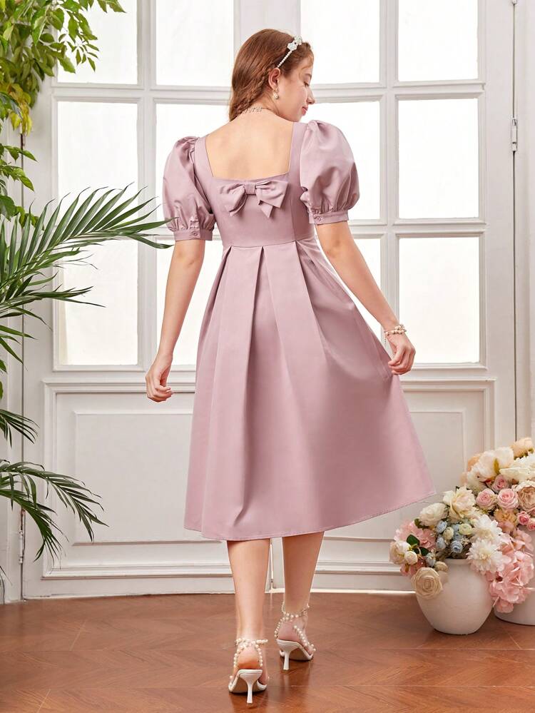 Teenage Girls' Woven Solid Color Puff Short Sleeve Dress With Bowknot Decoration For Casual Occasions