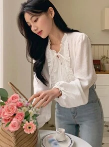 DAZY 女式灯笼袖衬衫，领口系带，荷叶边，长袖荷叶边上衣 - 白色 - 查看 5