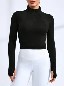 SHEIN Sports Women's Half Zip Stand Collar Sports Sweatshirt - Black - View 1