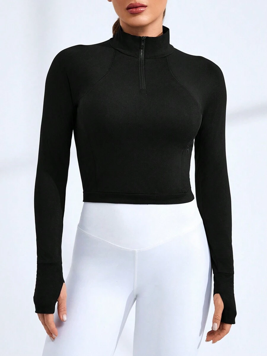 SHEIN Sports Women's Half Zip Stand Collar Sports Sweatshirt - Black - View 1