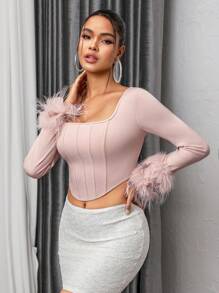 Zolique Camiseta De Manga Corta En Color Sólido Con Puños Peludos Recortados