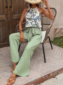 Breezaya 女款熱帶植物印花掛脖上衣和褲子套裝 - 杏色 - 查看 4