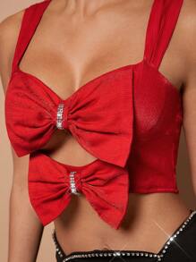 Hauture 分层蝴蝶结镂空水钻短款上衣 - 紅色 - 查看 3