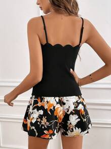 SHEIN Frenchy Women's Shell Edge Trim Spaghetti Strap Vest Top And Paperbag Waist Shorts Two Piece Set