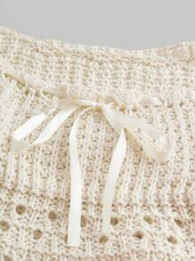 ROMWE Kawaii Summer Crochet Solid Color Hollow Knit Cropped Sweater, School