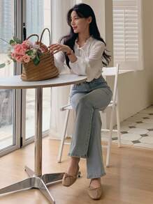 DAZY 女式灯笼袖衬衫，领口系带，荷叶边，长袖荷叶边上衣 - 白色 - 查看 8