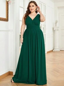 EVERPRETTY Vestido de dama de honor formal y elegante con cuello en V y cintura fruncida - Verde Oscuro - Ver 4
