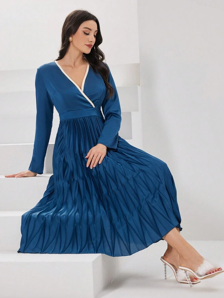 Ladies' Color Block Woven Belt Pleated Hem Dress Long Evening Dresses