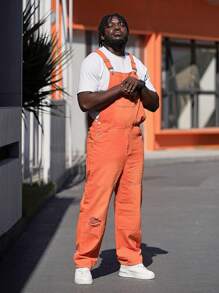 Manfinity Homme Men's Plus Size Distressed Multi-Pocket Denim Overalls - Orange - View 8