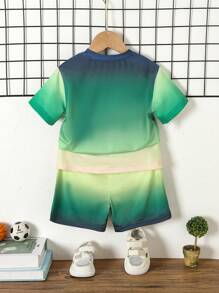 男童漸層色字母印花短袖t恤和短褲套裝 - 墨綠色 - 查看 2