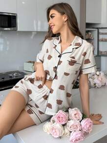 Bear Print Short Sleeve Button-Front Collared Shirt & Shorts Pajama Set With Contrast Trim - Beige - View 3