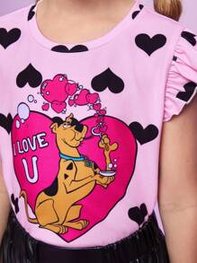 SCOOBY-DOO X SHEIN Playera Con Tira De Volantes, Estampado De Corazón De Dibujos Animados Y Letras Para Niñas Preadolescentes - Multicolor - Ver 5