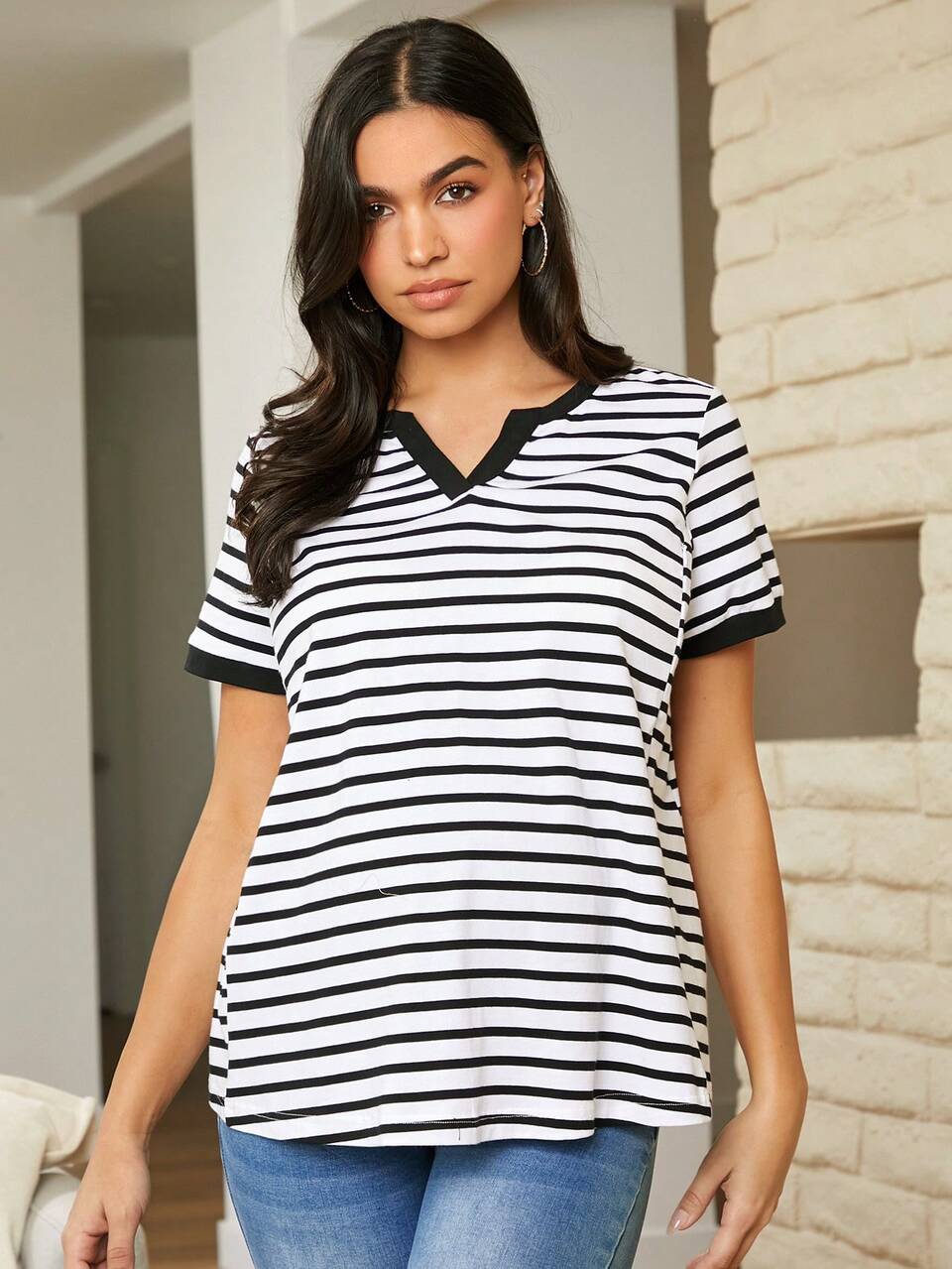 Maternity Striped Notch Neck T-Shirt Breastfeeding Clothing