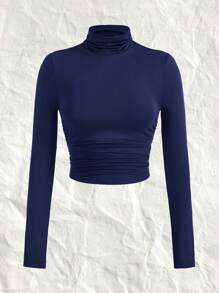 SHEIN EZwear 海军蓝色休闲百搭针织高领 T 恤，适合大码女款 - 藏蓝色 - 查看 1