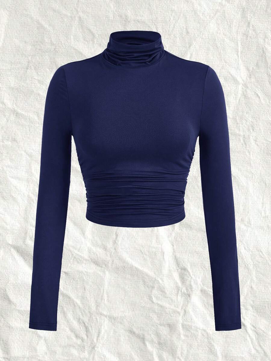SHEIN EZwear 海军蓝色休闲百搭针织高领 T 恤,适合大码女款 - 藏蓝色 - 查看 1