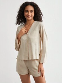 Ocili 天然亞麻女款V領單排釦長袖上衣和短褲休閒家居套裝-卡其色 - 卡其色 - 查看 4