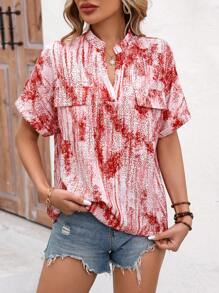 SHEIN LUNE Women's Geometric Pattern Notched-Neck Shirt