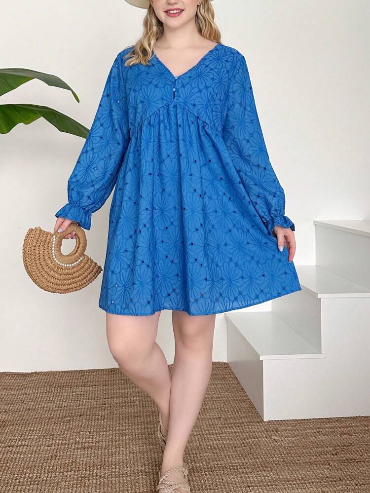Plus Women's Size V-Neck Ruffled Sleeves Embroidered Dress