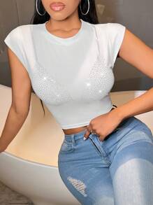 VaVaBold Women's Solid Color Rhinestone Decor T-Shirt - White - View 1