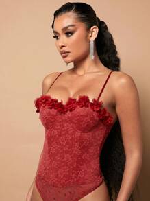 SHEIN Unity Floral Appliques Lace Cami Bodysuit - Burgundy - View 5