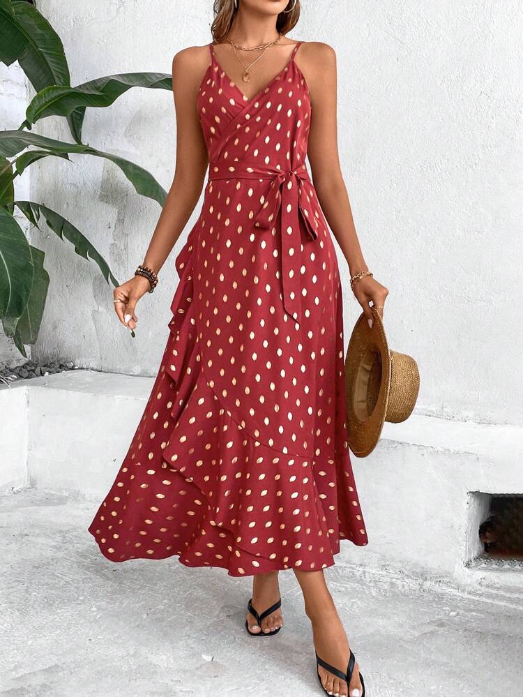 Women's Gold Stamped Polka Dot Spaghetti Strap Dress